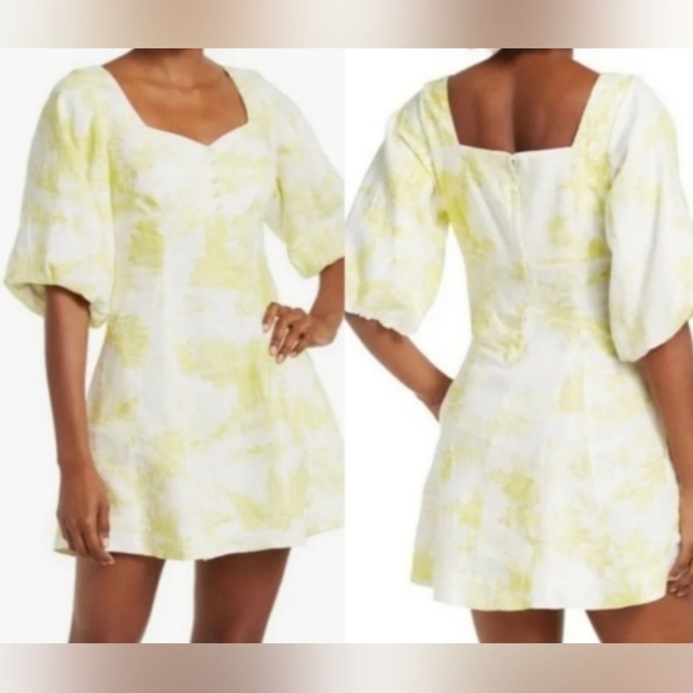 NWT NICHOLAS Size 8 Lydia White Green Linen Puff Sleeve Mini Dress Cottagecore